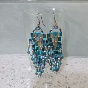 Beaded Dangle Earrings in Blue and Gold